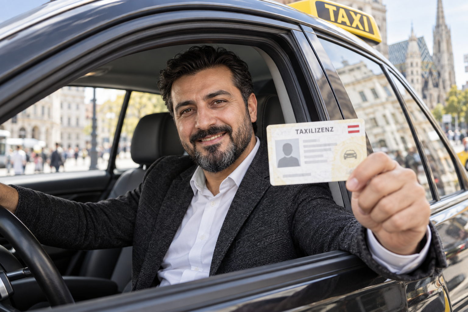 Mann zeigt stolz seinen Taxischein aus dem Taxi heraus